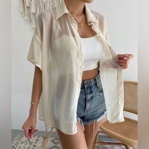 Sheer Button Front Drop Shoulder Shirt Without Cami Top Size Large Cream Color